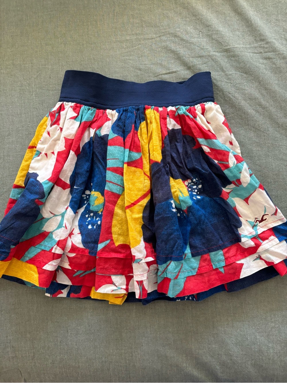 2000s Hollister Floral Multi-Color Circle Skirt with Navy Waistband